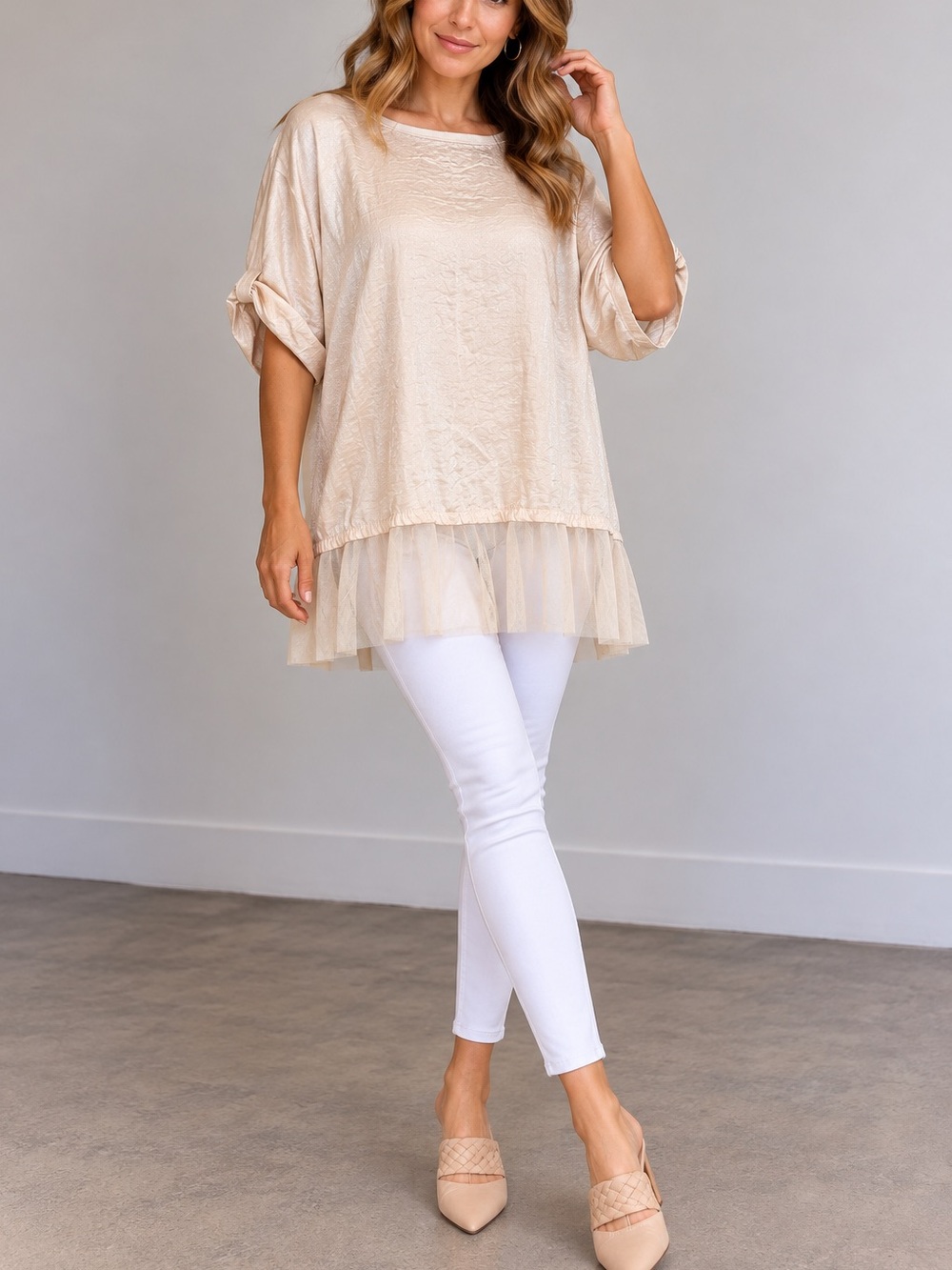 Zara Collection Satin Tunic Top Sheer Tulle Ruffle Hem Blush Pink M